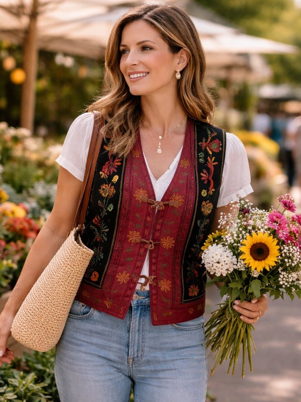 Vintage Lizwear Embroidered Floral Vest - Artisan Boho Statement Piece